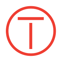 A red capital T is in the center of a red line circle.