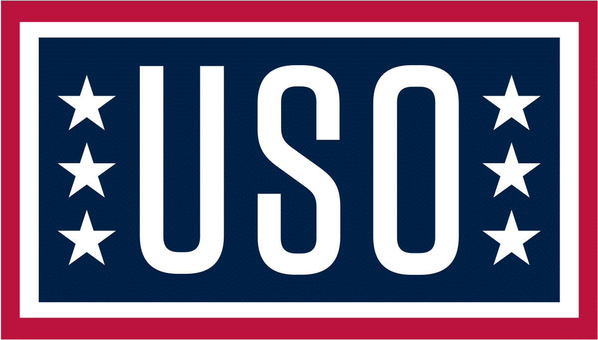 USO is written in white letters in the middle of a navy blue rectangle. On each end of the letters are a stack of three white stars. Around the outer edge of the rectangle is a white border which also has a red border outside of it.