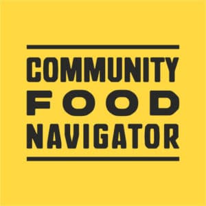 Community FOOD Navigator written with each word stacked on top of the other, a line above and below the last words, on a yellow background