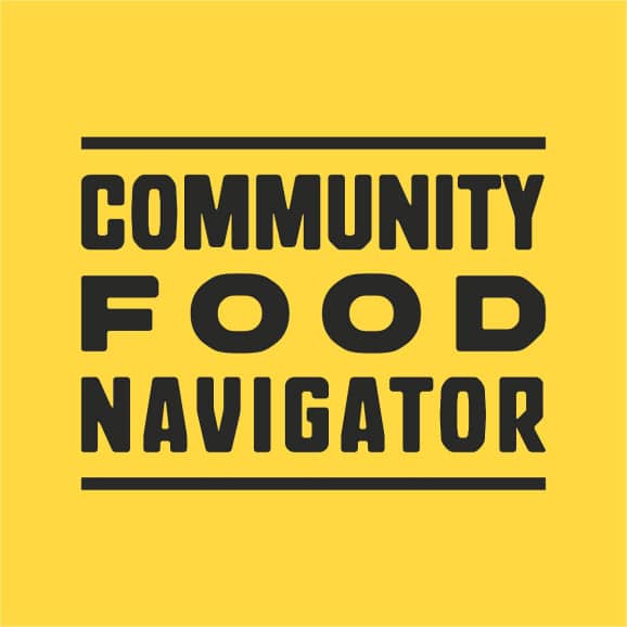 Community FOOD Navigator written with each word stacked on top of the other, a line above and below the last words, on a yellow background
