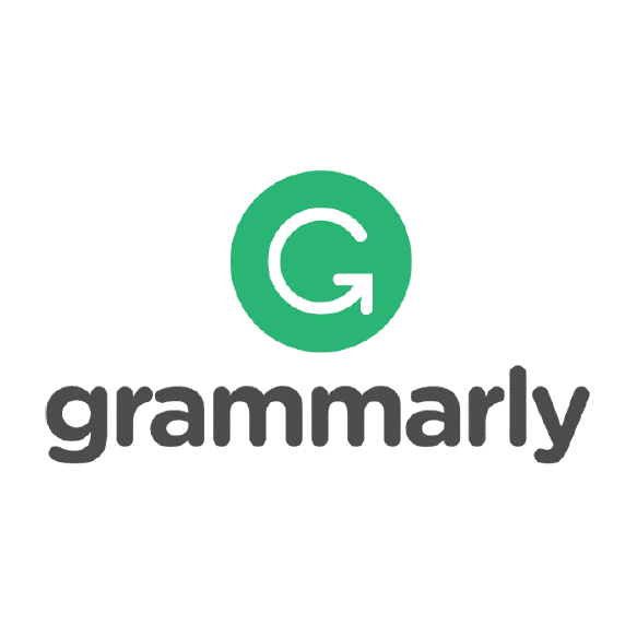 A white curved arrow that is stylized to look like a G in a green circle. Below is "grammarly"